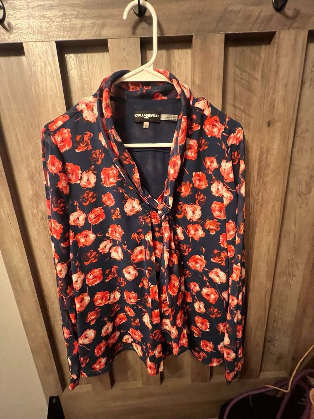 Karl Lagerfeld Paris Navy and Red Floral Print Tie-Neck Blouse